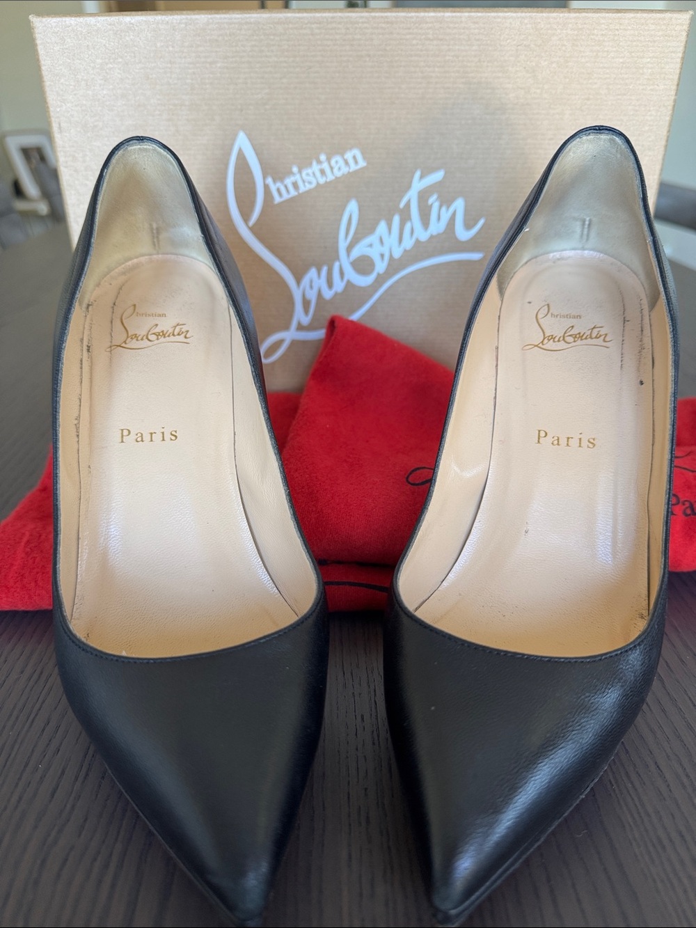 Christian Louboutin Black Leather Pointed-Toe Heels with Classic Red Bottom